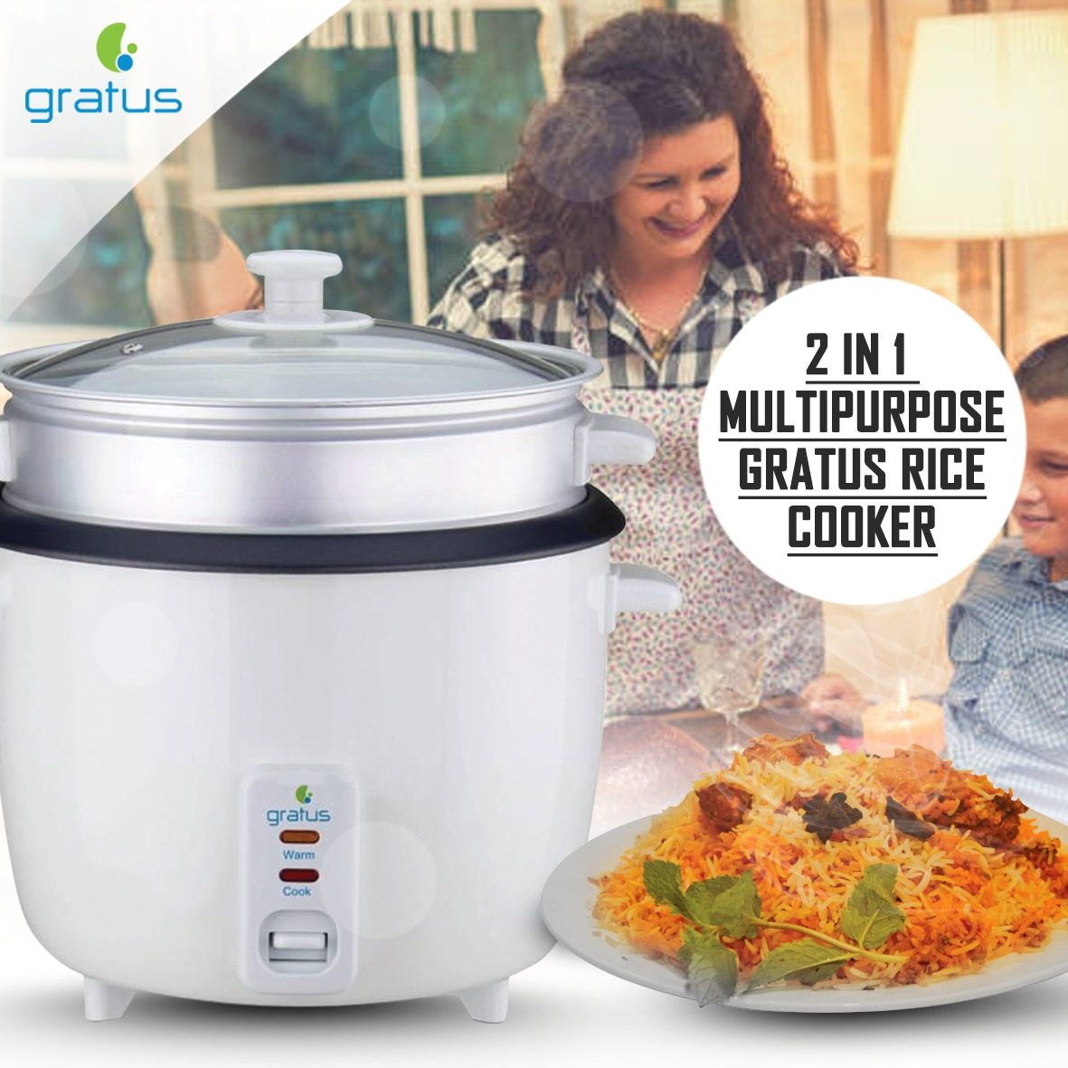 Gratus 2-in-1 Electric Rice Cooker 1.5L with Cook & Keep Warm Function (White) – GRC15500GBC
