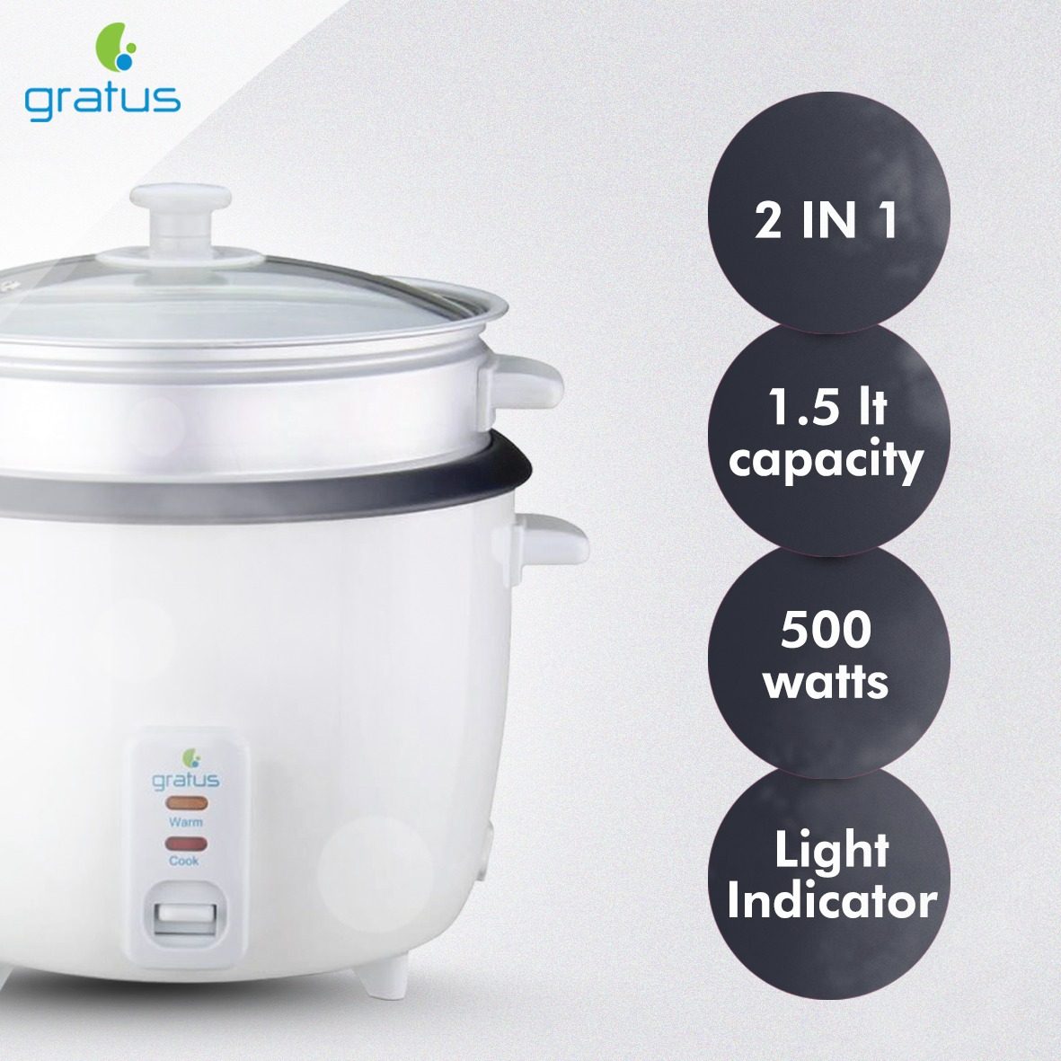 Gratus 2-in-1 Electric Rice Cooker 1.5L with Cook & Keep Warm Function (White) – GRC15500GBC