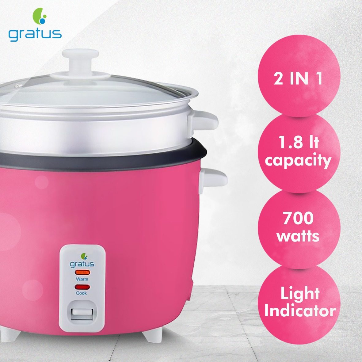 Gratus 2 In 1 Electric Rice Cooker, Cook and keep warm, 1.8 L capacity, Model- GRC18700GBC (Pink)