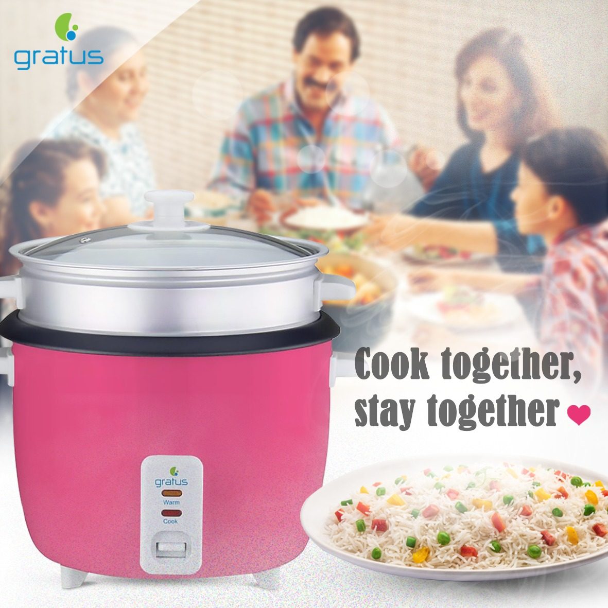 Gratus 2 In 1 Electric Rice Cooker, Cook and keep warm, 1.8 L capacity, Model- GRC18700GBC (Pink)