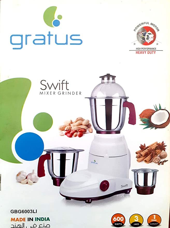 Gratus 600 Watts Mixer Grinder With 3 Strong Steel Jars, Powerful Copper Motor, Overload Protection, 2 Years Warranty, Made in India Model- GBG6003LI