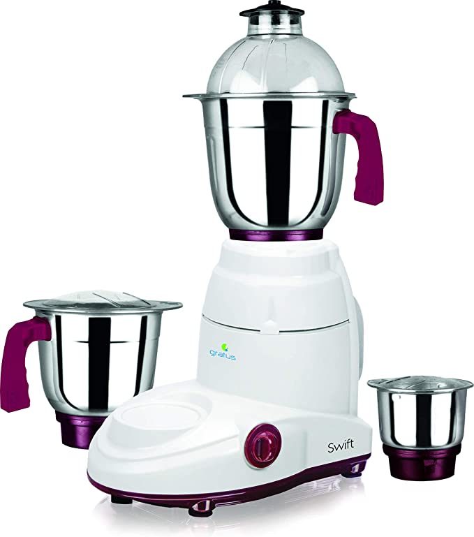 Gratus 600 Watts Mixer Grinder With 3 Strong Steel Jars, Powerful Copper Motor, Overload Protection, 2 Years Warranty, Made in India Model- GBG6003LI