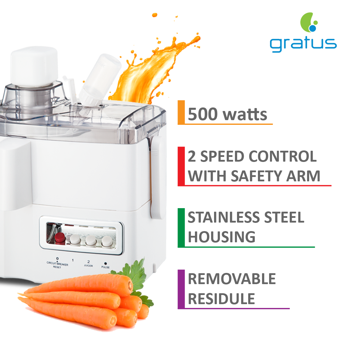 Gratus 400 Watts Food Processor Blender/Juicer, 3-speed control with safety arm, stainless steel housing, removable residue, Model- GFP4001FEC