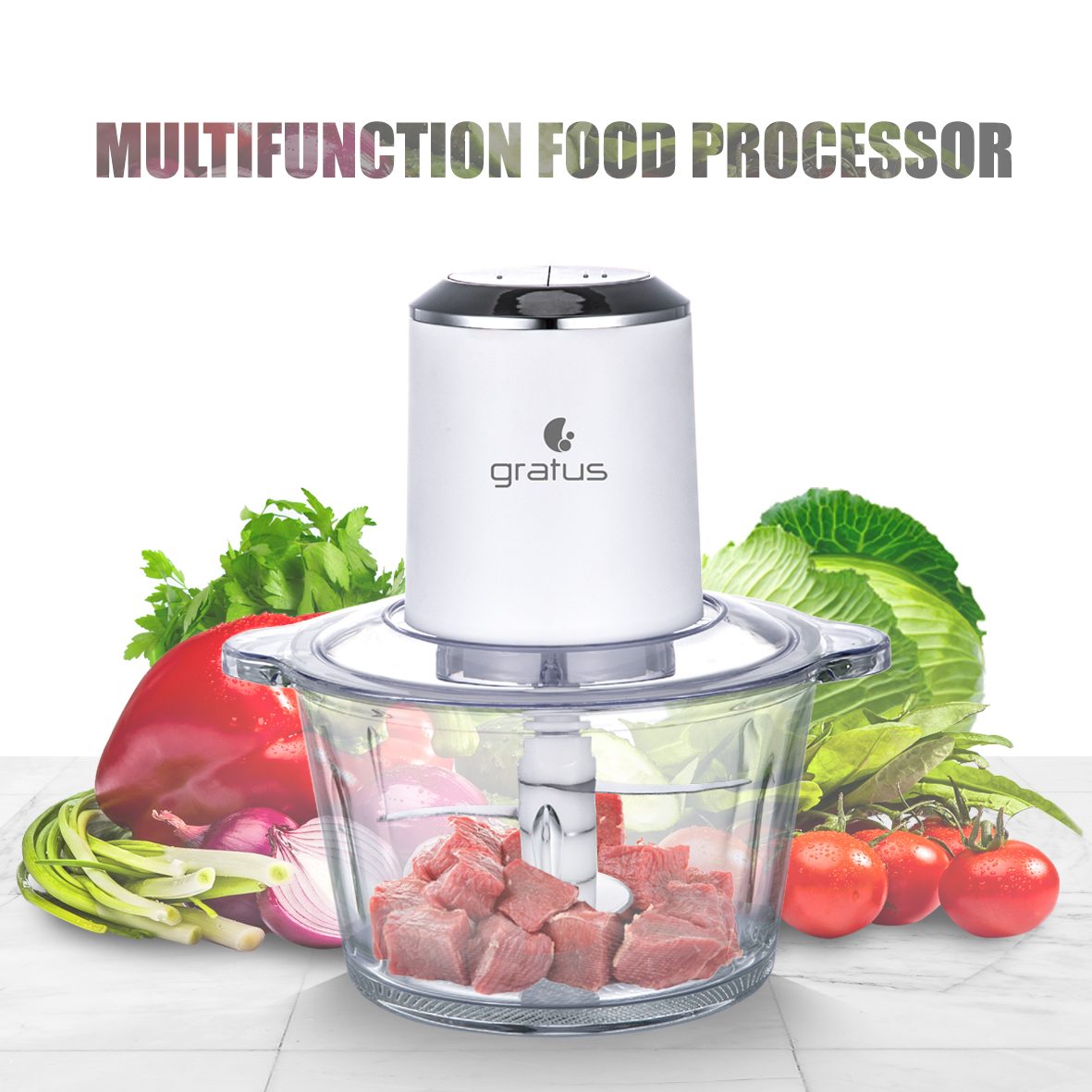Gratus Hand Chopper Quadra Blade- 2 L Capacity, 2 Speed Control, Glass Bowl, Stainless Steel Blades X 4, Easy to Clean, Model- GCP2621FEC