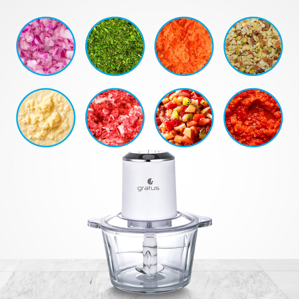 Gratus Hand Chopper Quadra Blade- 2 L Capacity, 2 Speed Control, Glass Bowl, Stainless Steel Blades X 4, Easy to Clean, Model- GCP2621FEC