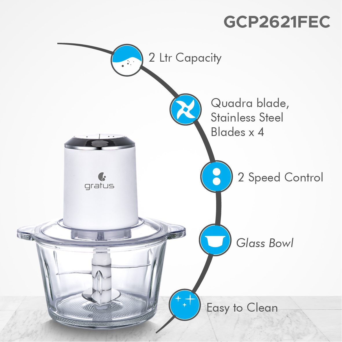 Gratus Hand Chopper Quadra Blade- 2 L Capacity, 2 Speed Control, Glass Bowl, Stainless Steel Blades X 4, Easy to Clean, Model- GCP2621FEC