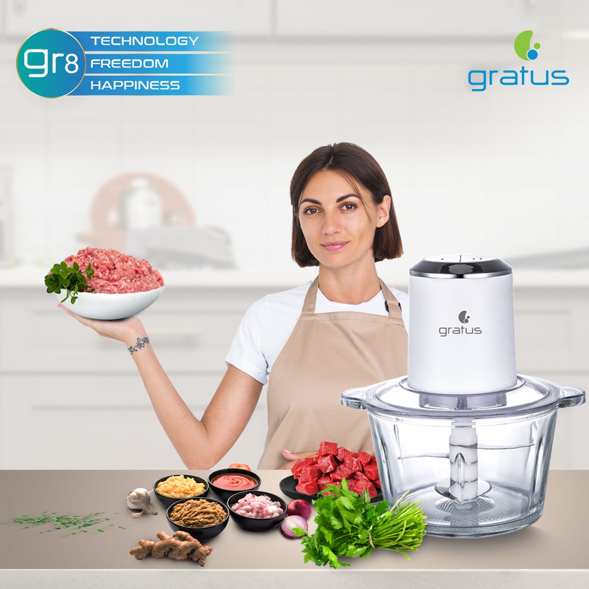 Gratus Hand Chopper Quadra Blade- 2 L Capacity, 2 Speed Control, Glass Bowl, Stainless Steel Blades X 4, Easy to Clean, Model- GCP2621FEC