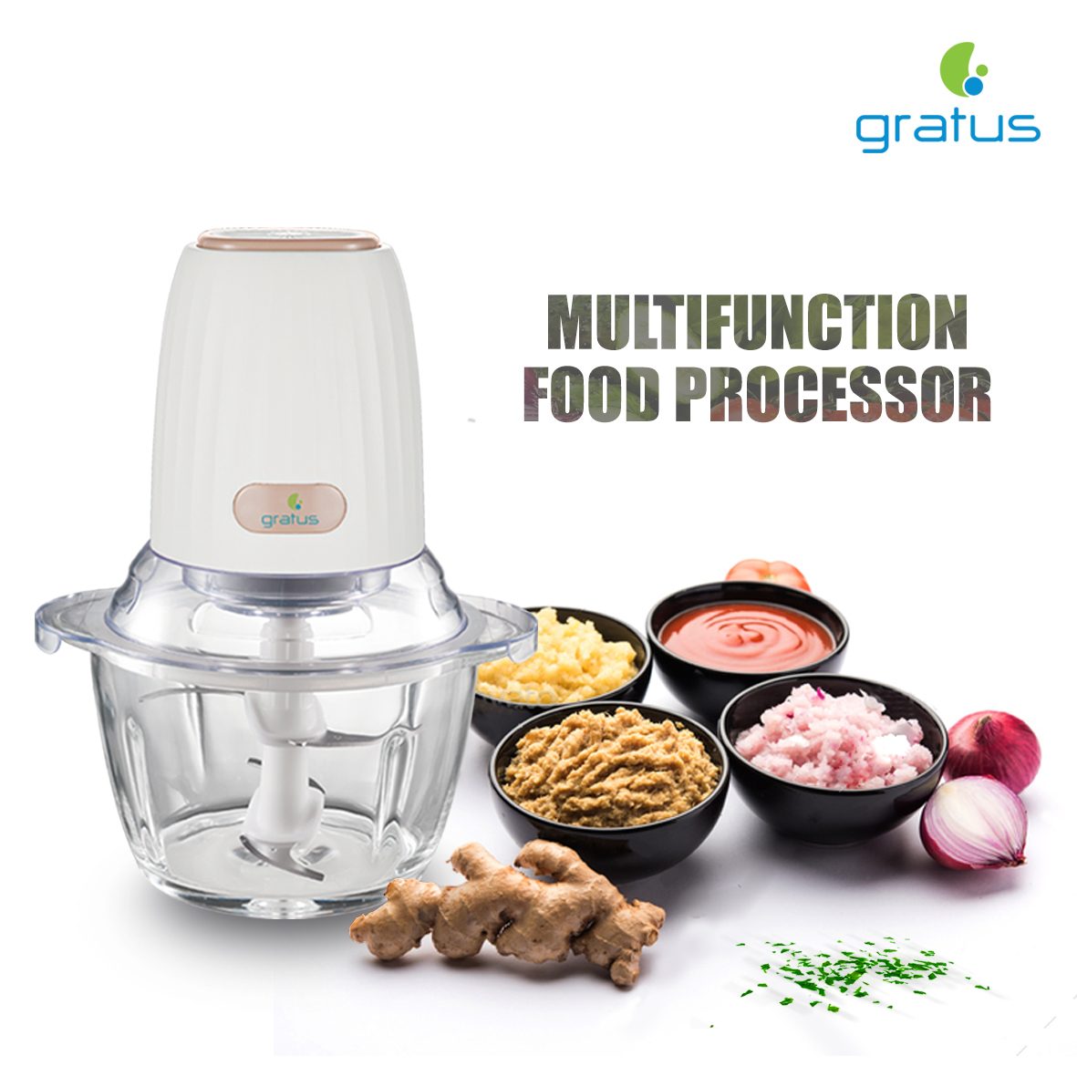 Gratus Food Chopper 350 Watts With 2 Liter Capacity, 2 Speed Control, Glass Bowl, Stainless Steel Blades X 4, Easy to Clean, Model- GFC4002FC