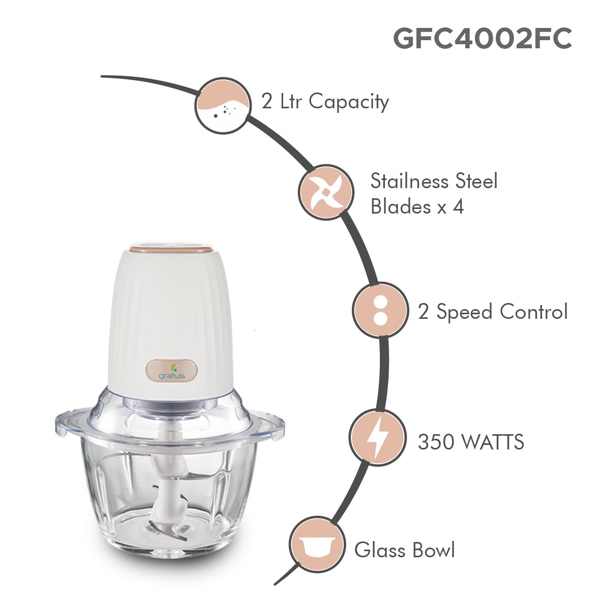 Gratus Food Chopper 350 Watts With 2 Liter Capacity, 2 Speed Control, Glass Bowl, Stainless Steel Blades X 4, Easy to Clean, Model- GFC4002FC